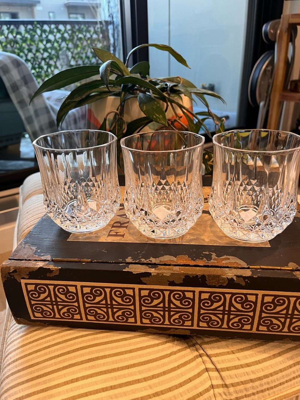 Set of 3 Vintage Cut Crystal Whiskey Glasses - Diamond Pattern
